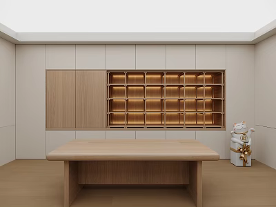 Modern Wooden Bookcase With Illuminated Open Shelves And Matching Desk Interior 3d model