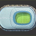 Modern Blue Stadium Architectural Design With Grid Exterior And Green Field