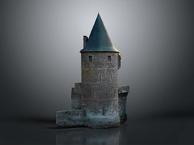 Medieval Stone Tower Structure With Pointed Roof Small Windows And Ancient Stone Walls 3d model