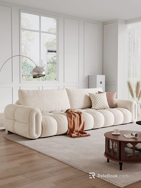 Beige Two-seater Sofa in Modern Living Room with Brown Blanket Checkered Pillows and Floor Lamp 3d model 
