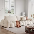 Beige Two-seater Sofa in Modern Living Room with Brown Blanket Checkered Pillows and Floor Lamp