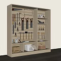 Wooden Workshop Tool Organization System With Mounted Tools And Shelves