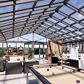 Modern Glass Roof Sunroom Featuring Brick Wall Flower Boxes Blue Sky And White Clouds