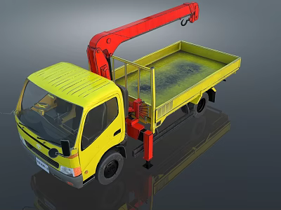 Yellow Utility Truck Featuring Red Crane and Open Cargo Bed Design 3d model