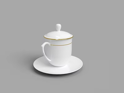White Cup with Gold Rim and Lid Placed on White Saucer 3d model