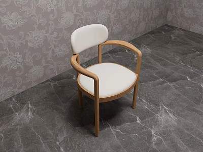 Comfortable Leisure Chair With White Padded Seat Wooden Armrests And Gray Patterned Wall Marble Floor 3d model