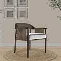 Wooden Dining Chair Featuring Woven Backrest Armrests And Light Seat Cushion