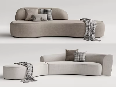 Modern Curved Sectional Sofa With Light Gray Upholstery And Decorative Throw Blanket 3d model