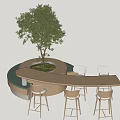 Modern Table and Chair Set with Circular Design Central Green Plant and White Chairs
