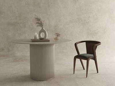 Modern Minimalist Round Dining Table with Textured Column Base and Wooden Chair with Tabletop Decorations 3d model