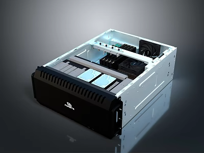 Open Electronic Device Chassis With Black Exterior Silver Interior Circuit Boards And Cooling Fan 3d model