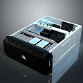 Open Electronic Device Chassis With Black Exterior Silver Interior Circuit Boards And Cooling Fan