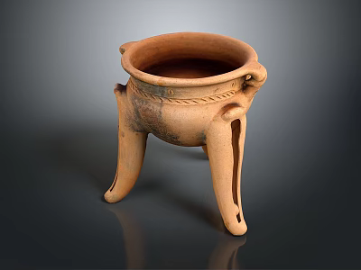 Ancient Terracotta Ceramic Sculpture Bowl Shaped With Three Legs Double Handles And Rope Patterned Design 3d model