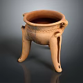 Ancient Terracotta Ceramic Sculpture Bowl Shaped With Three Legs Double Handles And Rope Patterned Design