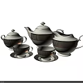 Elegant White Tea Set with Teapot Sugar Bowl Creamer Teacups and Saucers Featuring Gold Stripes