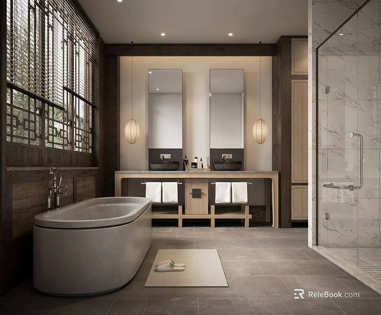 Spacious New Chinese Style Bathroom Design With Freestanding Bathtub Double Vanity And Glass Shower Area 3d model 