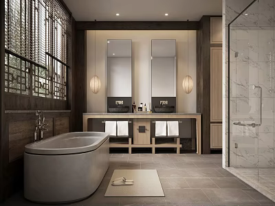 Spacious New Chinese Style Bathroom Design With Freestanding Bathtub Double Vanity And Glass Shower Area 3d model
