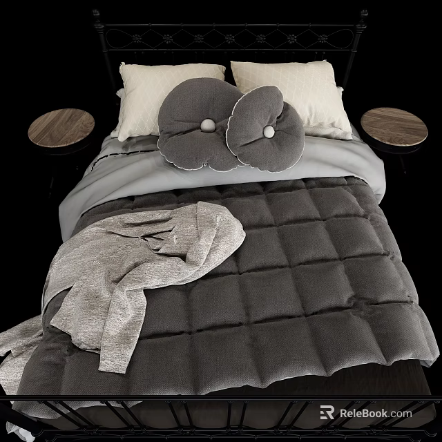 Double Bed With Gray Quilted Quilt White Pillows Flower Shaped Cushions And Wooden Nightstands 3d model 