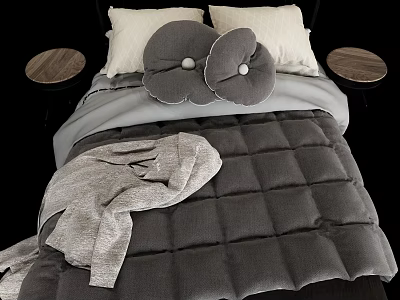 Double Bed With Gray Quilted Quilt White Pillows Flower Shaped Cushions And Wooden Nightstands 3d model