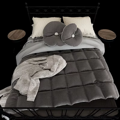 Double Bed With Gray Quilted Quilt White Pillows Flower Shaped Cushions And Wooden Nightstands 3d model