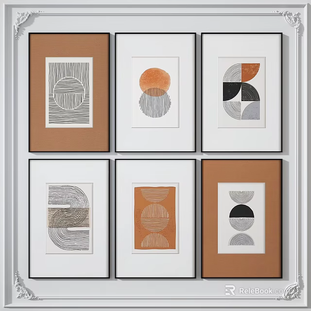 Abstract Geometric Wall Art Prints With Circular Semi Circular Patterns Brown White Frames Minimalist Design 3d model
