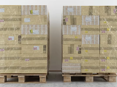Stacked Cardboard Shipping Boxes Wrapped in Shrink Film on Wooden Pallets 3d model