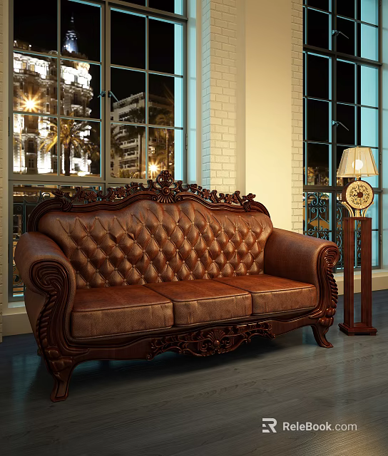 Vintage Carved Wooden Arm Leather Three Seater Sofa With Floor Lamp And Window Night View 3d model 
