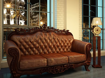 Vintage Carved Wooden Arm Leather Three Seater Sofa With Floor Lamp And Window Night View 3d model