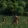 Blue Sky Over Green Meadow With Lush Forest And Primitive People Running In Animal Skin