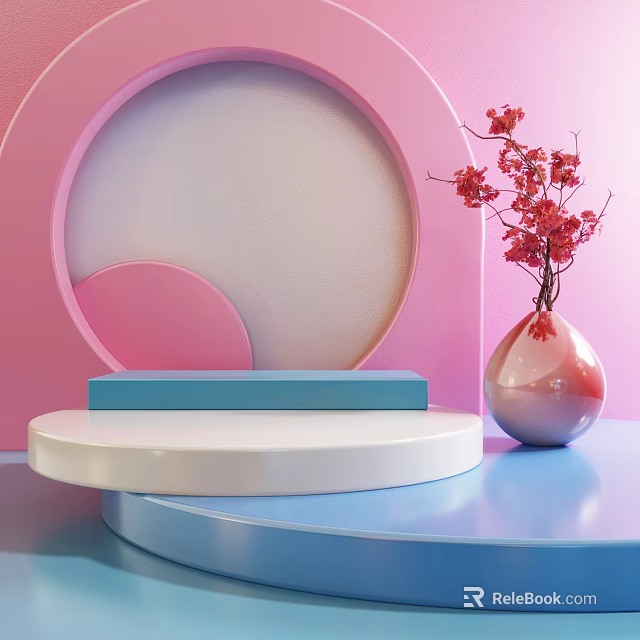 Pink And Blue Display With White Circular Blue Rectangular Platforms And Vase With Red Flowers 3d model