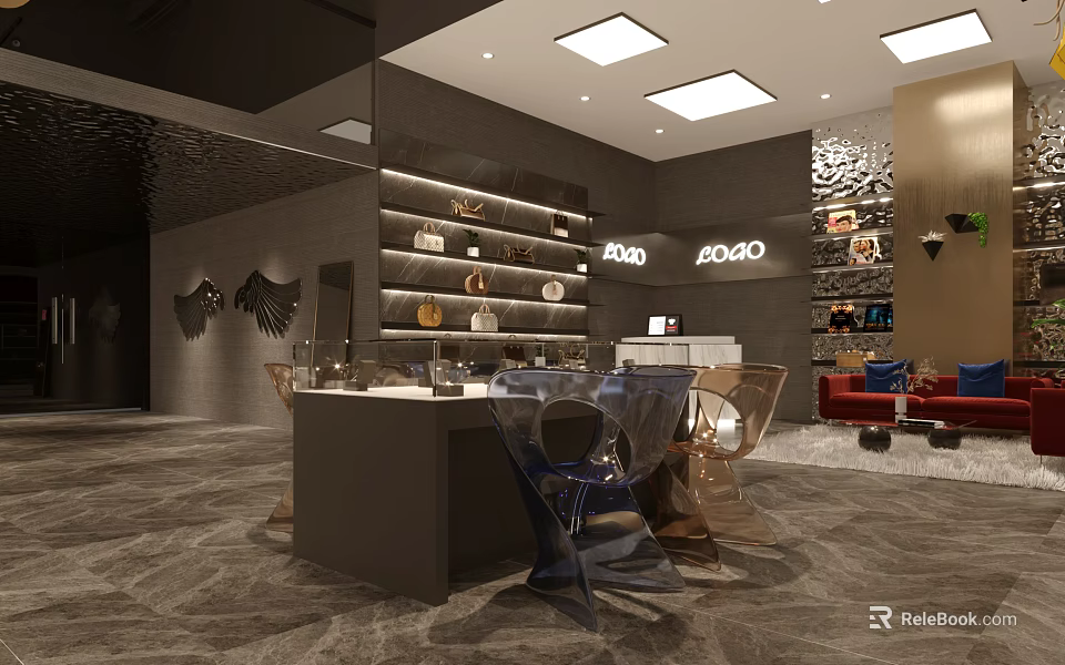 AGIO Specialty Store Interior With Display Shelves Bags Accessories And Modern Design 3d model 