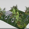 Garden Ornament Display With Metal Frame Featuring Pendant Ornaments Among Lush Tropical Plants