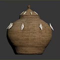 Handwoven Brown Decorative Storage Pot With White Fish Shaped Decorations On Lid And Body