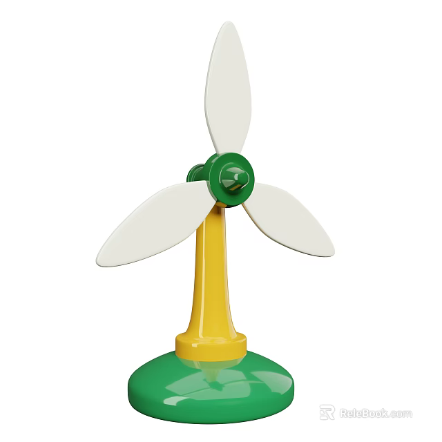 Wind Turbine Industrial Equipment with White Blades Green Hub and Yellow Stable Base 3d model 
