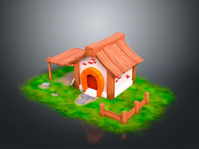 Cartoon Style Small Cottage With Thatched Roof Porch White Walls And Wooden Fence 3d model