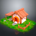 Cartoon Style Small Cottage With Thatched Roof Porch White Walls And Wooden Fence