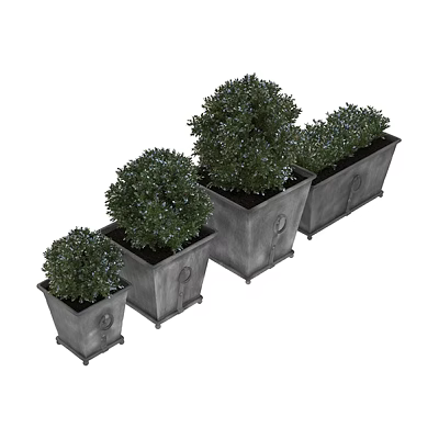 Green Round Shrub Plant Arrangement with Gray Square Planters of Various Sizes 3d model