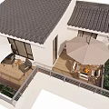 Elegant Villa Balcony Design Featuring Tiled Roof Outdoor Seating And Wooden Deck
