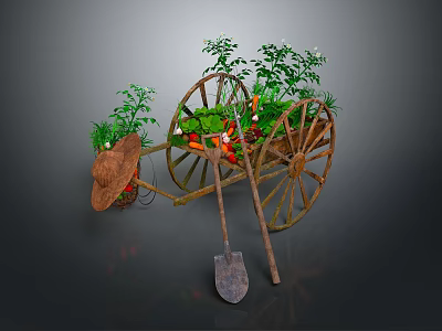 Rustic Wooden Wheelbarrow Adorned With Growing Plants Vegetables Straw Hat And Hoe 3d model