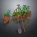 Rustic Wooden Wheelbarrow Adorned With Growing Plants Vegetables Straw Hat And Hoe