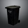Black Plastic Trash Bin With Corporation Label And Lid And Wheels