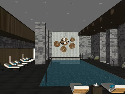 Indoor Swimming Pool Area With Stone Walls Loungers And Decorative Clocks 3d model
