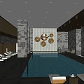 Indoor Swimming Pool Area With Stone Walls Loungers And Decorative Clocks