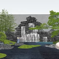 Tranquil Garden Ornament With Rock Waterfall Pond Pine Tree And Reflection 3d model