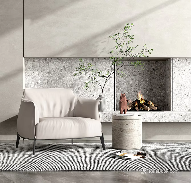 Cozy Beige Armchair With Stone Side Table Small Bear Decor Fireplace Flames And Woven Rug 3d model 