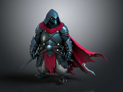 Hooded Man in Armored Attire with Flowing Red Cape Holding Sword 3d model