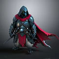 Hooded Man in Armored Attire with Flowing Red Cape Holding Sword