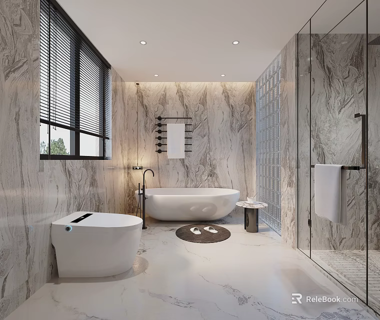Luxury Modern Bathroom Interior With Marble Walls Floor Freestanding Bathtub Glass Shower And Toilet 3d model 