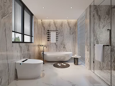 Luxury Modern Bathroom Interior With Marble Walls Floor Freestanding Bathtub Glass Shower And Toilet 3d model