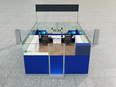 Modern Blue And White Service Counter With Glass Partitions And Computer Workstations 3d model